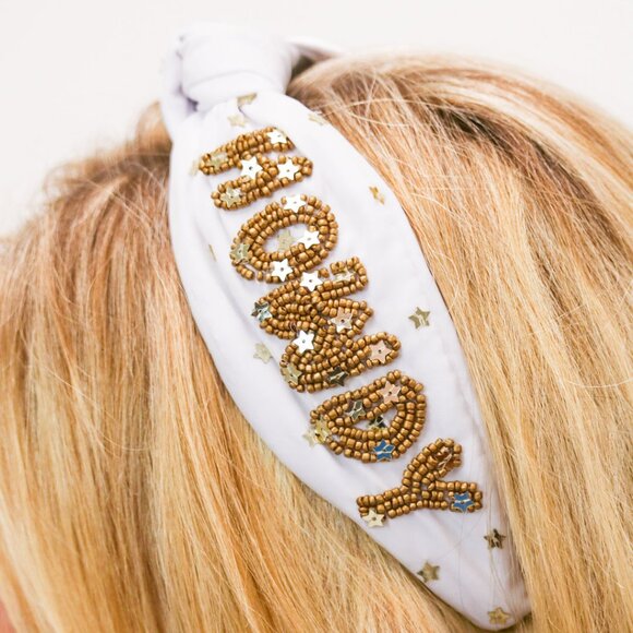HOWDY Gold Star Beaded Sparkle White Top Knot Headband NEW - Picture 3 of 5